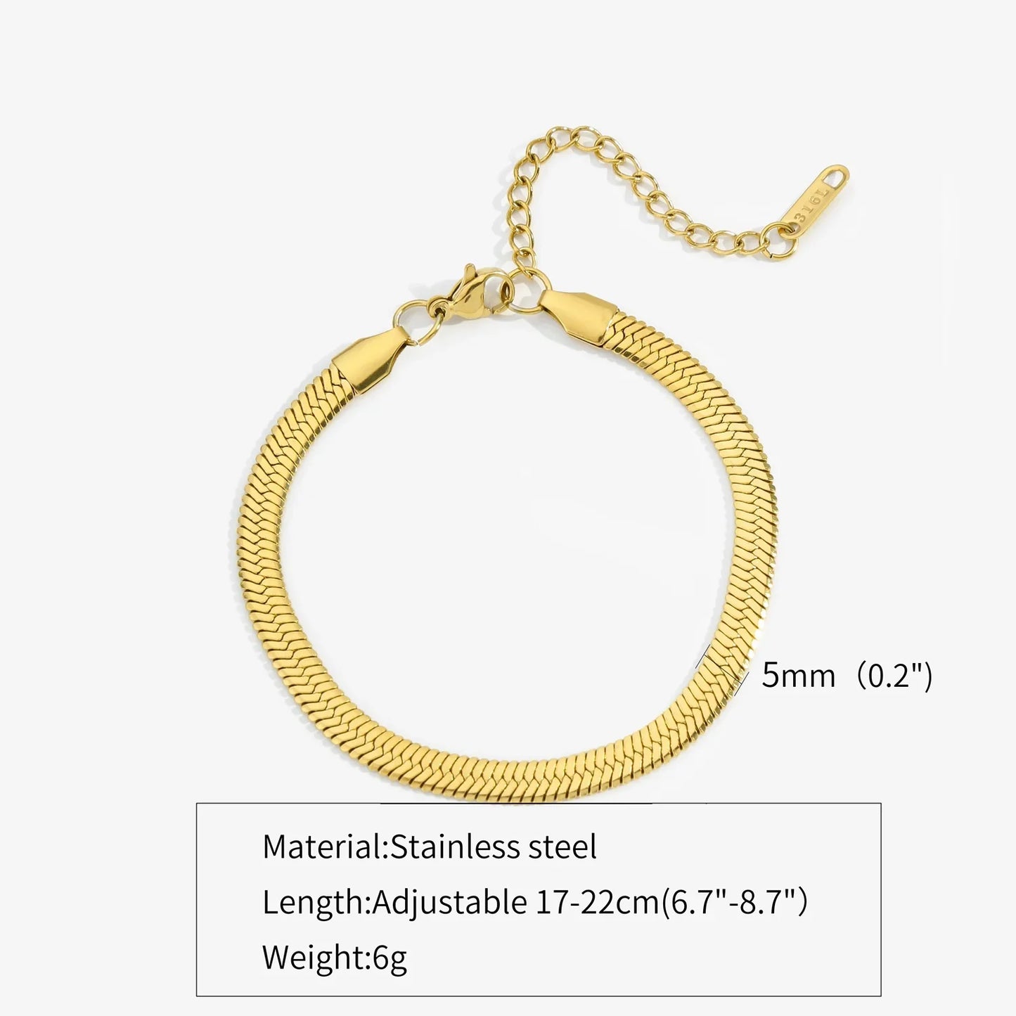 Simple Steel Peptide 18K Gold Plating Chain Like Flat Snake Bracelet