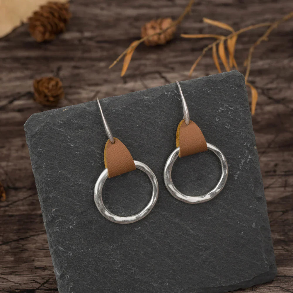 Simple Fashion Brown Leather Stitching Round Ring Earrings