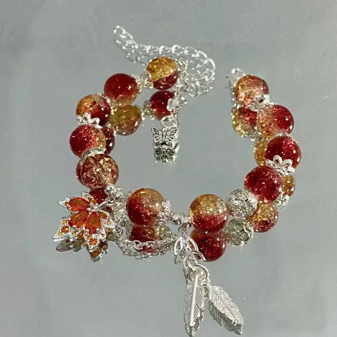 Maple Leaf Red Burst Beaded Bracelet